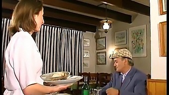 French Brunette Enjoys Threesome With Papi Voyeur In A Restaurant
