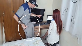 White Girl'S Computer Gets Repaired By A Technician In Her Living Room